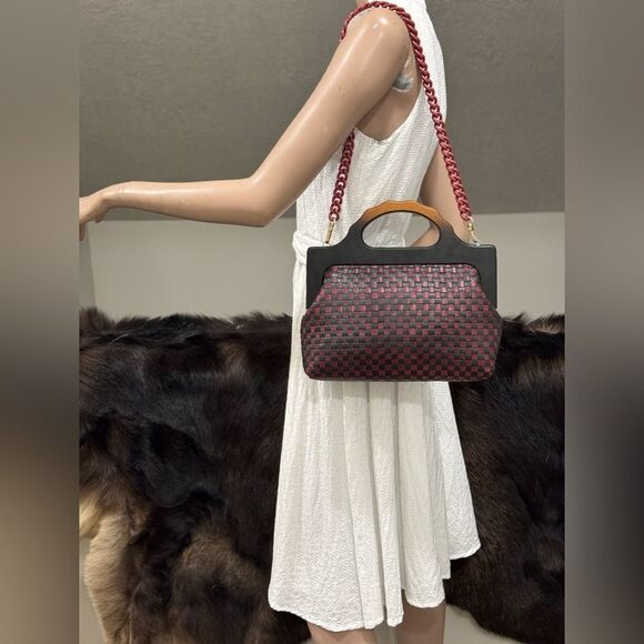 Colorblock Woven Cowhide Handmade Wooden Frame Top Handle Satchel, Crossbody Bag - Picture 3 of 16